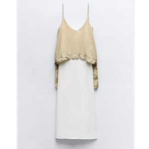 Zara Women's Spaghetti Strap Contrast Fabric Maxi Dress White & Tan Size Small